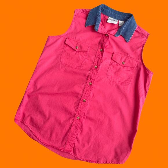 90's vintage pink 100% cotton denim collared sleeveless button up shirt LARGE - Picture 2 of 7